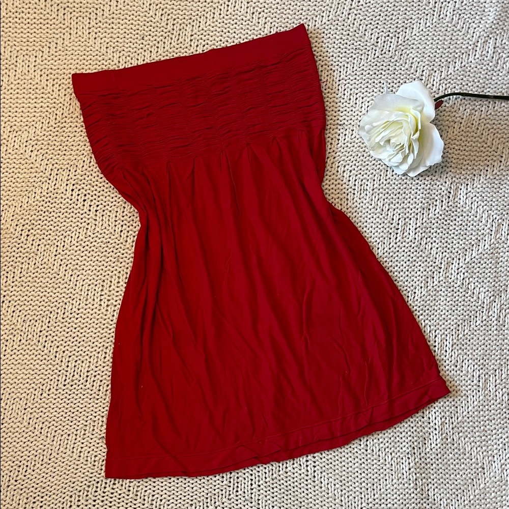Red Strapless Knit Tube Dress Smocked Top Mid Length Size M